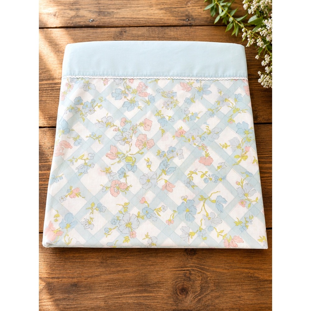 Sears Flat Sheet Full Size Blue Pink Floral Lattice Vintage Lace Trim Good